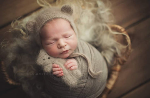 |FINAL PREORDER| Taupe Luxe Angora Knit Bear Bonnet + Bear Lovie + Wrap Set