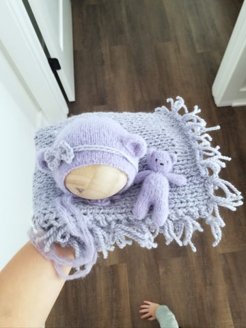 |RTS| "periwinkle" knit bear set + coordinating knit fringe mini blanket layer