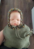 |RTS| Olive Beaded (medium light brown) Bonnet + Wrap Set