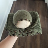 |RTS| Olive Beaded Knit Bonnet + Wrap Set (dark medium & large beads)