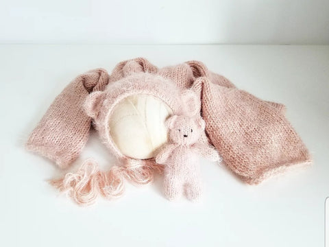 |RTS| Powder fuzzy blend knit bear bonnet + bear lovie + wrap