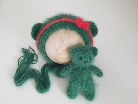 |RTS| Holly Green Luxe Angora Knit Bear Set w/ bitty red bow