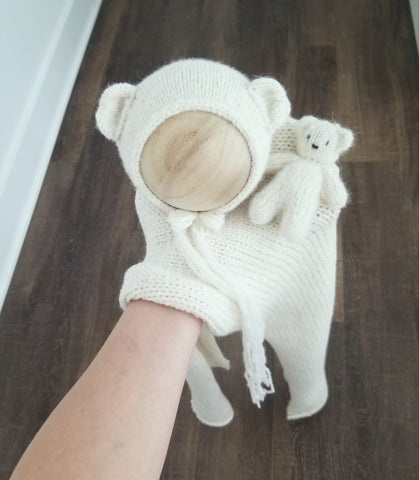 |RTS| Ivory knit bear bonnet + bear lovie + knit wrap set