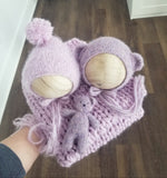 Lavender Mix Set - knit bear bonnet + bear lovie + pompom pixie + chunky mini blanket