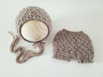 |RTS| Bark Brown Wool Texrured Knit Newborn Bonnet + Shorts Set