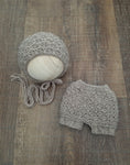|RTS| Bark Brown Wool Texrured Knit Newborn Bonnet + Shorts Set