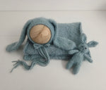 Dusty Blue Hand Knit Bunny Bonnet + Bunny Lovie + Knit Wrap Set