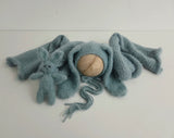 Dusty Blue Hand Knit Bunny Bonnet + Bunny Lovie + Knit Wrap Set
