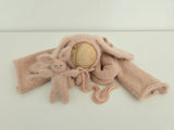 Blush Hand Knit Bunny Bonnet + Bunny Lovie + Knit Wrap Set