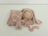 Blush Hand Knit Bunny Bonnet + Bunny Lovie + Knit Wrap Set