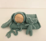 Dusty Green Hand Knit Bunny Bonnet + Bunny Lovie + Knit Wrap Set