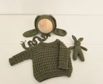 Dark Olive Hand Knit Sweater + Bunny Bonnet + Bonnie Lovie Set