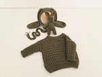 Dark Olive Hand Knit Sweater + Bunny Bonnet + Bonnie Lovie Set