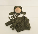 Dark Olive Hand Knit Sweater + Bunny Bonnet + Bonnie Lovie Set