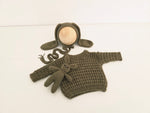 Dark Olive Hand Knit Sweater + Bunny Bonnet + Bonnie Lovie Set