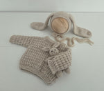 Wheat Hand Knit Sweater + Bunny Bonnet + Bunny Lovie