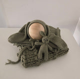 Khaki Hand Knit Textured Layer + Bunny Bonnet + Bunny Lovie + Knit Wrap Set