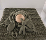 Khaki Hand Knit Textured Layer + Bunny Bonnet + Bunny Lovie + Knit Wrap Set