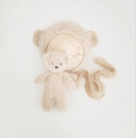 ~PreOrder~ BEIGE Luxe Angora Knit Bear Bonnet  + Bear Lovie Set