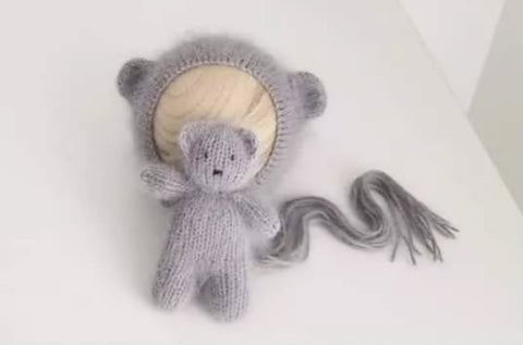 ~PreOrder~ GRAY Luxe Angora Knit Bear Bonnet + Bear Lovie Set