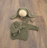 Dark Olive Hand Knit Sweater + Bunny Bonnet + Bonnie Lovie Set
