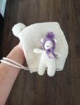 |RTS| Sitter Ivory Pom Pixie Bonnet w/ matching ivory knot bear lovie (w/ purple pom pixie)
