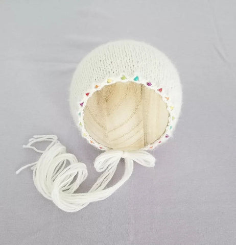 |RTS| Ivory rainbow beaded knit bonnet