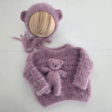|RTS| Fuzzy Vintage Pink Knit Sweater + Bear Bonnet + Bear Lovie Set