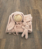 Blush Hand Knit Bunny Bonnet + Bunny Lovie + Knit Wrap Set