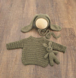 Dark Olive Hand Knit Sweater + Bunny Bonnet + Bonnie Lovie Set