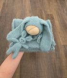 Dusty Blue Hand Knit Bunny Bonnet + Bunny Lovie + Knit Wrap Set