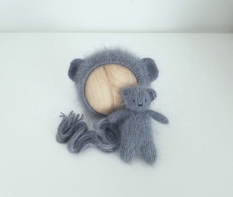 ~PreOrder~ CHARCOAL Luxe Angora Knit Bear Bonnet + Bear Lovie Set