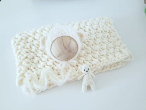 |RTS| Ivory Knit Bear Bonnet + Bear Lovie + Chunky Textured Layer