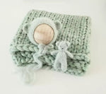 |RTS| Light Sage bear bonnet + bear lovie + chunky knit layer