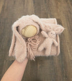 Blush Hand Knit Bunny Bonnet + Bunny Lovie + Knit Wrap Set