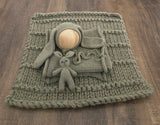 Khaki Hand Knit Textured Layer + Bunny Bonnet + Bunny Lovie + Knit Wrap Set