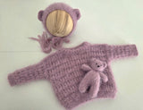 |RTS| Fuzzy Vintage Pink Knit Sweater + Bear Bonnet + Bear Lovie Set