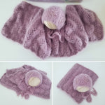 |RTS| Mauve Fuzzy Knit Lacework Bonnet + Wrap Set