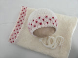 |RTS| Knit Red Hearts Simple Bonnet + Short Decorative Wrap Set