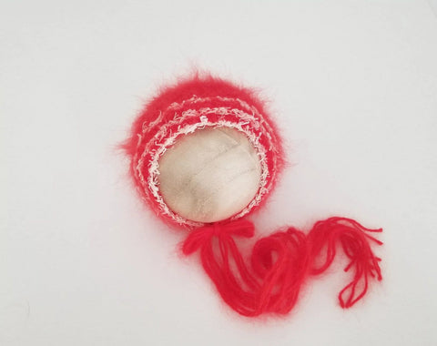 |RTS| Red Luxe Angora Bonnet with Cotton Fringed stripes