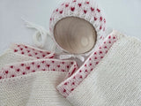 |RTS| Knit Red Hearts Simple Bonnet + Short Decorative Wrap Set