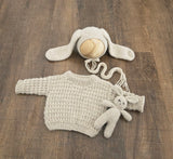 Wheat Hand Knit Sweater + Bunny Bonnet + Bunny Lovie