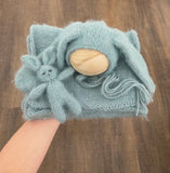 Dusty Blue Hand Knit Bunny Bonnet + Bunny Lovie + Knit Wrap Set