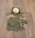 Dark Olive Hand Knit Sweater + Bunny Bonnet + Bonnie Lovie Set