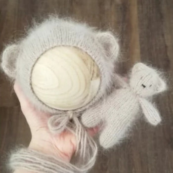 ~PreOrder~ TAUPE Luxe Angora Knit Bear Bonnet + Bear Lovie Set
